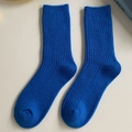 Retro Klein blue wool blend ribbed crew socks for women in minimalist solid color - Royal Blue