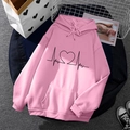 Pink fleece hoodie for men and women featuring black heart and heartbeat graphic print - S / Tops / Pink