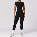 Conjunto de fitness negro de dos piezas para mujer con top de manga corta y leggings yoga - S / Negro Premium