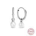 Elegant 925 sterling silver hoop earrings featuring white pearl pendants on white background - Single Pearl Hoop / White Gold