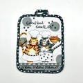 Thick cotton pot holder with chef cats print and grey polka dot border hanging loop - Chef Cat