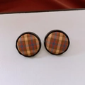 Vintage round plaid stud earrings with black frame and colorful checkered pattern fabric - 57# Green - Preppy Multi-color Plaid (Silver Earring Post)