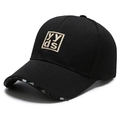 Black baseball cap with YYDS letter embroidery and stylish checkerboard brim detail - Adjustable / Black (YYDS Gold Embroidery)