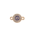 Detailed macro view of a golden Evil Eye connector with sparkling white rhinestones - Gold Enamel Round Eye / 10 Pieces Pack