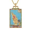 Macro view of gold tarot strength pendant with blue enamel and colorful gemstones - Strength (With Chain)