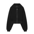 Detail of a black cropped zip-up hoodie with metal zipper and size S inner neck label - S / Hooded Zip Up Top / Black