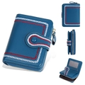 Women's dark blue leather wallet with elegant red and white wave embroidery - Dark Blue