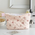 Pink quilted makeup bag with cute cartoon bear and cupcake patterns and white zipper - Bear