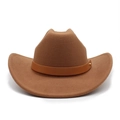 Close-up of brown wool felt cowboy hat with caramel leather band and metal buckle detail - M (56-58cm) / Khaki