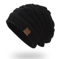 Unisex black knit beanie with ribbed texture and brown leather mountain sport patch - Black