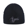 Black knitted beanie with white PEW PEW dinosaur gesture embroidery for winter - Hand Pistol PEW Embroidery / Black