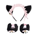 Detail shot of plush black and pink cat ear headband with bell wristbands and satin ribbons - Black Cat Ears with Pink Lace + Black Wristbands