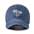 Detailed embroidery of white palm trees and SUMMER text on blue washed baseball cap - Navy Blue