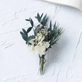 Elegant white preserved hydrangea and eucalyptus wedding boutonniere for bride and groom - Forest Flower 4 (Hydrangea Eucalyptus)