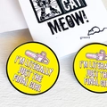 Detailed close-up of yellow horror movie lover enamel pins featuring pink chainsaw design - Pink Chainsaw Design (XZ8900)