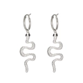 Silver snake hoop earrings with textured scales and black stone eyes in punk style - Snake Hoop Dangle (M-793) / Silver
