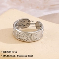 Adjustable silver vintage stainless steel ring featuring relief tribal leaf patterns - 700-3 Retro Totem Relief / Steel