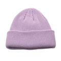 Macro detail of the light purple ribbed knit pattern and thick cuff of the winter beanie - Taro Purple
