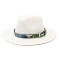 White woven wide brim straw fedora hat with snake pattern leather belt and metal buckle - M (56-58cm) / White