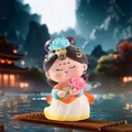 Cute Siamese cat figurine in blue and white ancient costume holding a pink lotus blossom - Maiden with Lotus Figurine