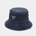 Detail of navy denim bucket hat with white shaka sign embroidery and metal eyelets - M (56-58cm) / Navy Blue
