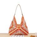 Große Boho-Webtasche in Orange und Pink mit dünnem braunem Schultergurt für Damen - Orangerot