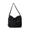 Grand sac fourre-tout en velours côtelé noir avec sangle réglable et écusson - Noir