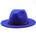 Detail of royal blue wool fedora hat featuring a brown leather band and metal buckle - M (56-58cm) / Sapphire Blue