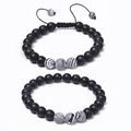 Detailansicht von 8mm Malachit-Perlenarmband-Set mit verstellbarem Flechtband - Schwarz-Weiß Gestreifter Stil (Malachite-01)