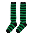 Close-up of green and black striped knit over-the-knee socks for kids and girls - One Size (7-12Y) / Green and Black Stripes