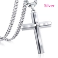 Silver stainless steel double layered cross pendant necklace with chunky cuban link chain - All Silver