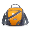 Detail of orange and grey hiking bag showing water bottle mesh pocket and layered zippers - Orange