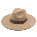 Classic wide brim suede jazz hat in camel with a dark brown ribbon decoration - M (56-59cm) / Camel Faux Suede