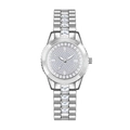 Detailed close-up of a silver luxury women's watch with crystals on the dial and strap - Silver White Rhinestone