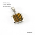 Silver stainless steel square pendant with natural Tiger Eye stone inlay and dimensions - Steel Color Wood Grain