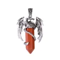 Pendentif dragon argenté enveloppant une pierre de cristal hexagonale orange - Pendentif Jaspe Rouge