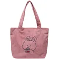 Pink corduroy tote bag featuring a rabbit embroidery and cow pendant on a white background - Rabbit Milk Tea Pink