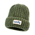 Moss green chunky knit beanie with textured boucle yarn and Lucky woven patch - Green