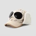 Detail of beige corduroy kids trapper hat with aviator goggles and bear prints - 52cm (2-5 Years) / Bear Print-Beige