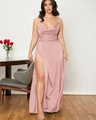 Robe longue en soie rose avec fente haute, dos nu et coupe ajustée pour femmes - S / Rose Clair