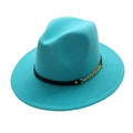 Detail of teal fedora hat with elegant black leather band and gold metal chain link decoration - One Size / Lake Blue