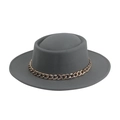 Close-up of a grey wool fedora hat featuring a chunky gold metal chain band decoration - Chain Decor / Gray