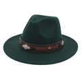 Detail of dark green wool fedora with brown leather band and silver western buckle - Dark Green