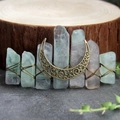Handmade hair clip featuring natural green crystal pillars and bronze moon crescent charm - Green Fluorite Moon Hair Clip