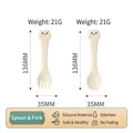 Cream silicone baby spoon and fork set with cat mascot handles and dimension markings - Cute Cat Pattern Spoon & Fork Set