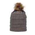 Detail of chunky knit texture and faux fur pompom on dark grey winter beanie hat - Light Gray