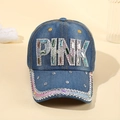 Dark blue denim baseball cap featuring colorful rhinestone PINK letters decoration - Adult, Adjustable / Denim Blue PINK