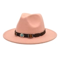 Pink wool fedora hat with black band featuring turquoise accents and wooden beads - M (56-58cm) / Dusty Pink
