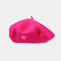 Detail of wool beret with white heart embroidery in vibrant pink color - One Size / Rose Red