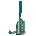 Teal bohemian canvas sling bag with geometric patterns and brown leather strap - Lake Green